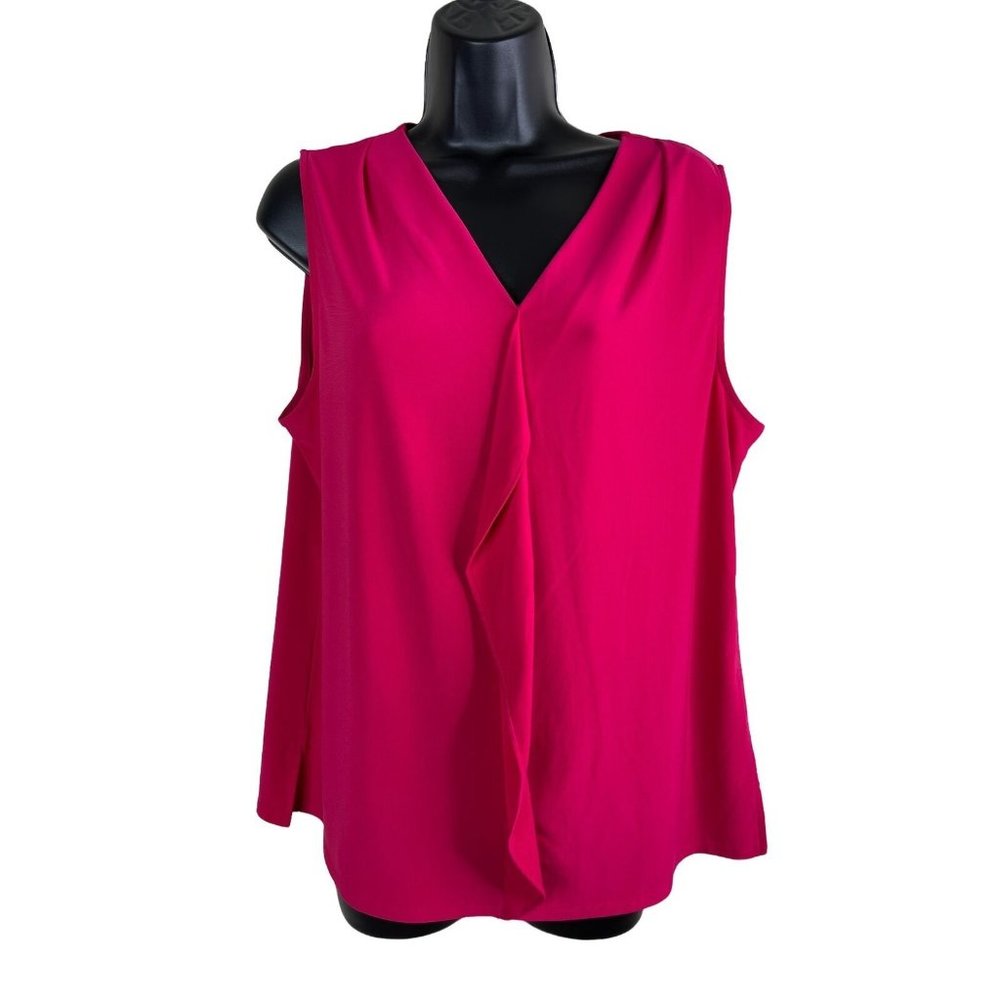 Roz & Ali Top Women Size L Sleeveless Magenta Pink Solid Stretch V Neck Ruffle